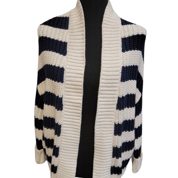 Express White with Navy Stripes Chunky Knit Cardigan Batwing Sweater Size S - Picture 2 of 8